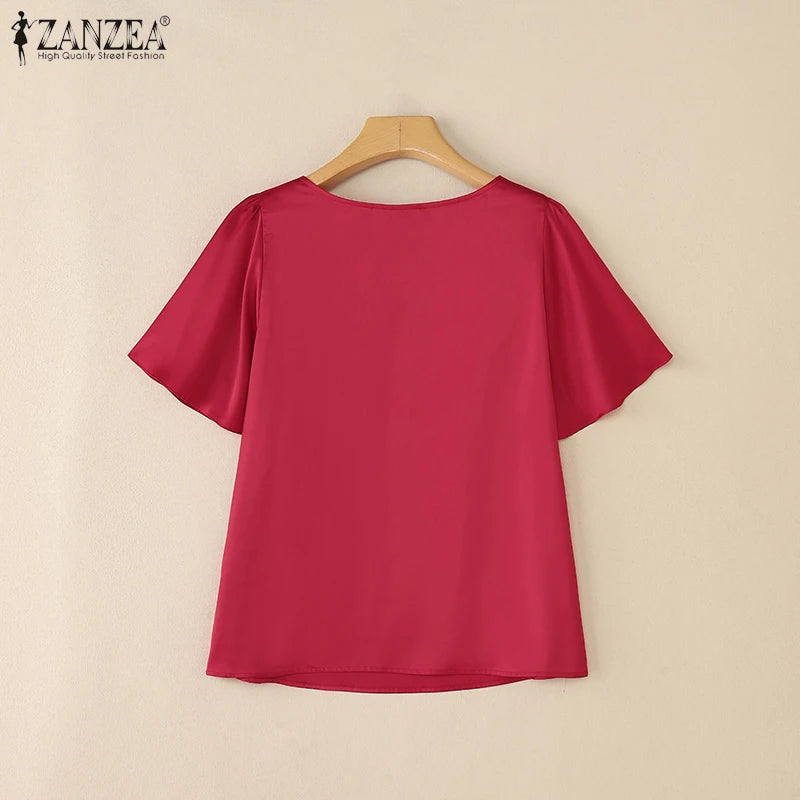Women's Satin Office Blouse – Elegant Short Sleeve O-Neck Work Top 2025