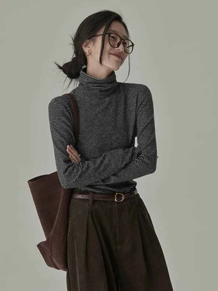 Women's Striped Long Sleeve Turtleneck T-Shirt – Cozy Elegant Korean Style Casual Spring T-Shirt