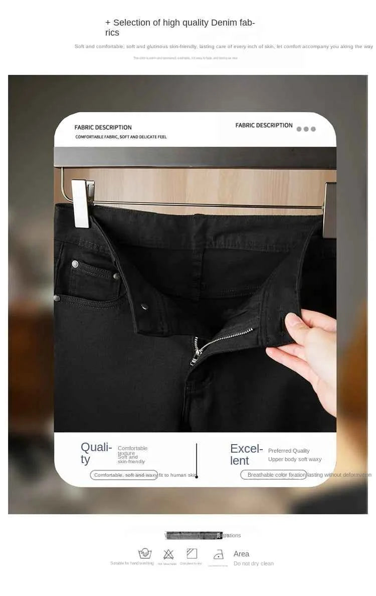 Men's Pure Black Slim Fit Jeans – Light Luxury Stretch Straight Leg Pants 2025