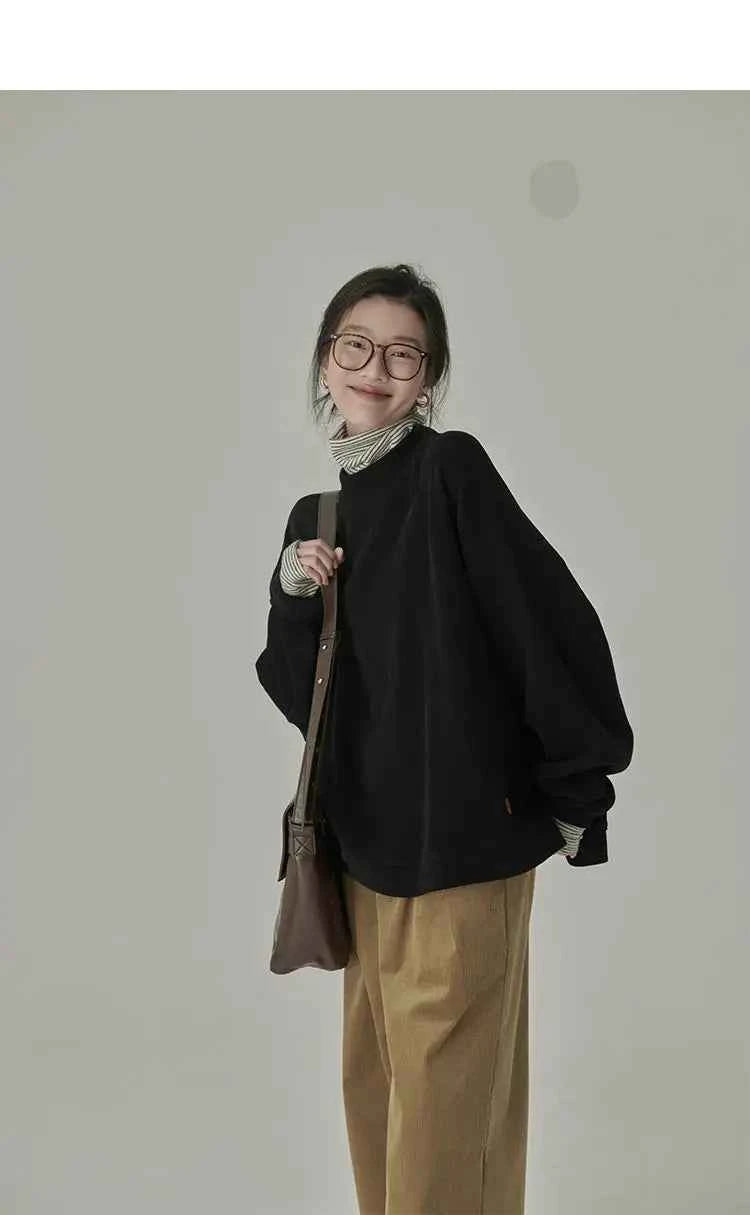 Women's Striped Long Sleeve Turtleneck T-Shirt – Cozy Elegant Korean Style Casual Spring T-Shirt
