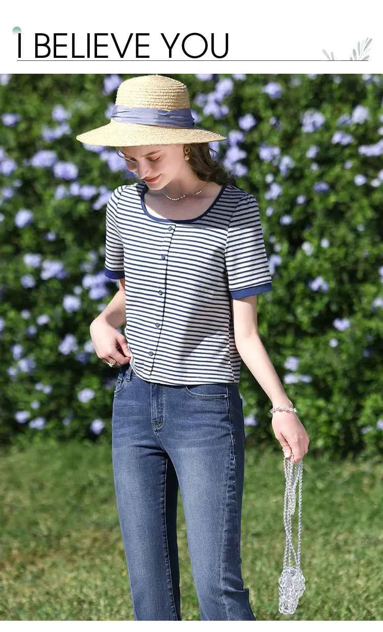 I BELIEVE YOU Women's Striped Slim Knit Top – Casual Retro Summer Round Neck Tee