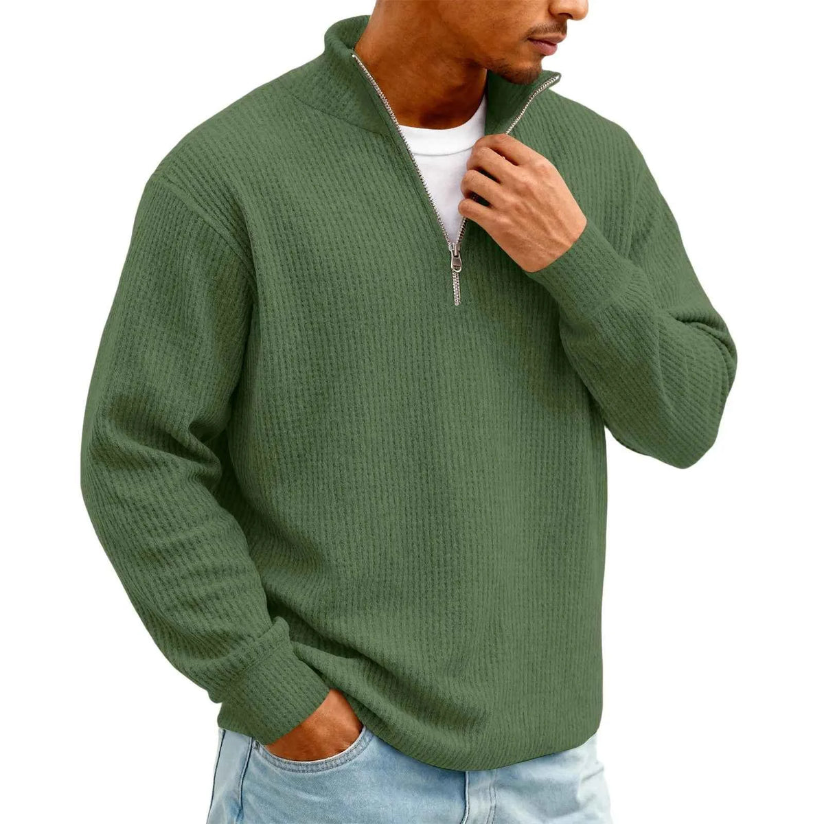 Men's Waffle Long Sleeve Polo T-Shirt – Casual Loose Fit Zipper Collar Sweatshirt