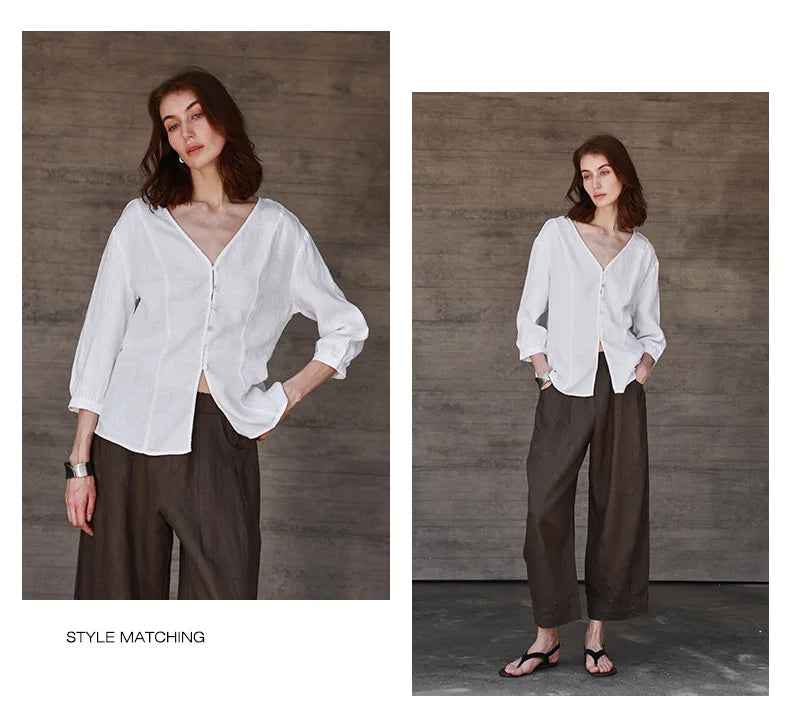 Women's Linen V-Neck Shirt – Premium White Retro Three-Quarter Sleeve Top
