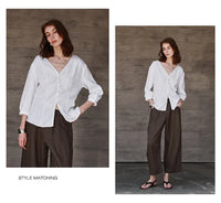 Women's Linen V-Neck Shirt – Premium White Retro Three-Quarter Sleeve Top