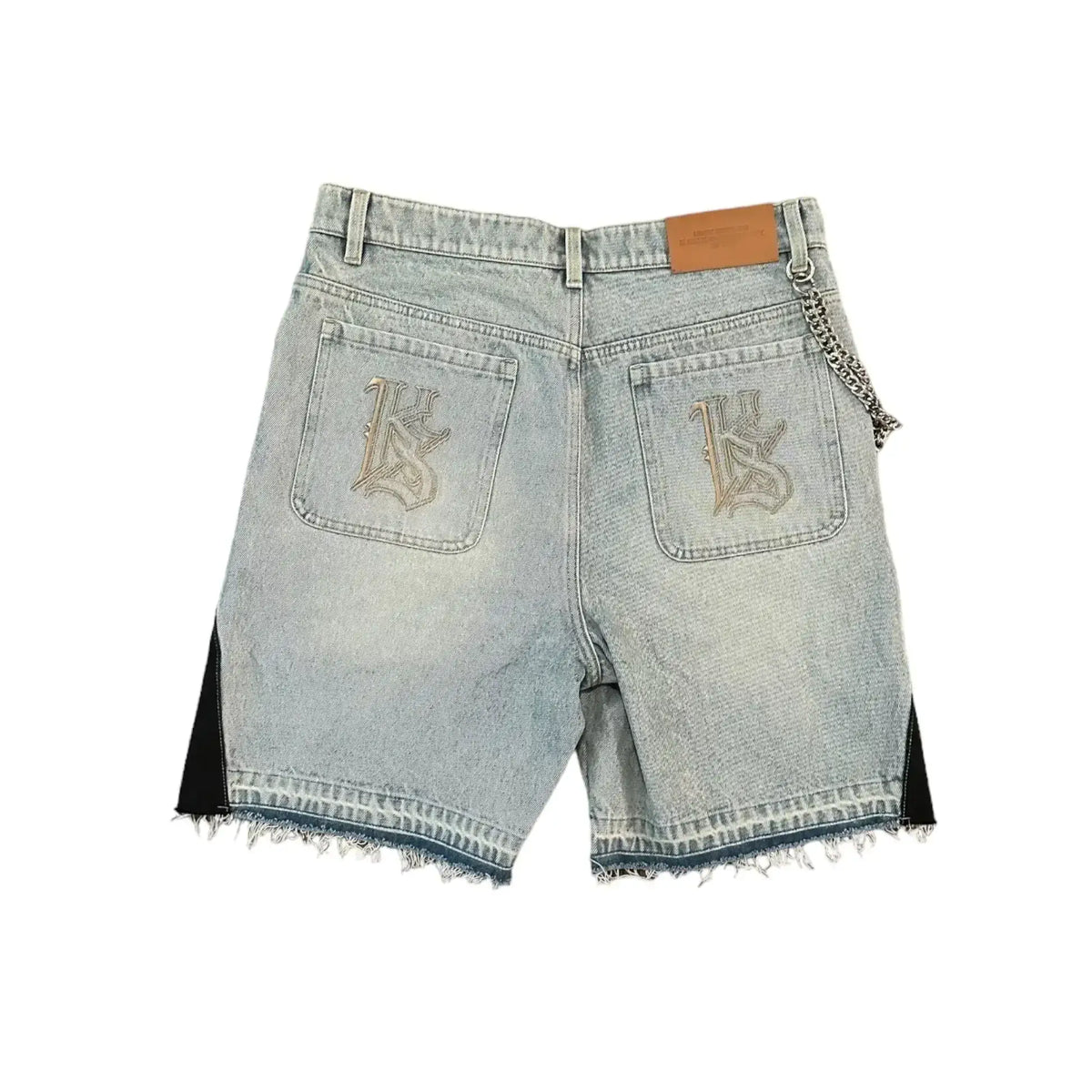Harajuku style loose denim shorts with gothic pockets and cartoon design
