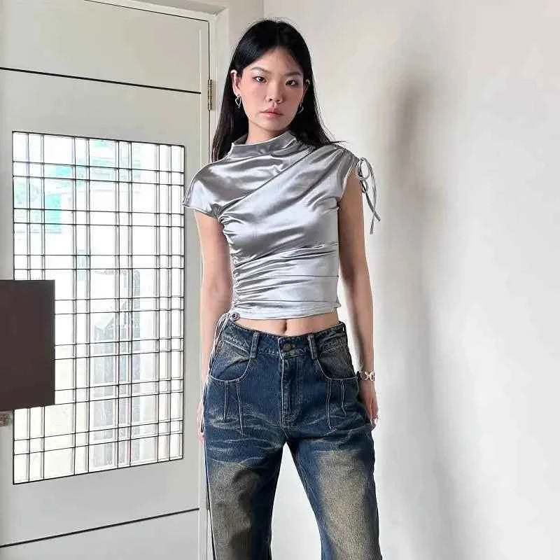 Women's Slim Fit Shirring T-Shirt Short Sleeve – Half Turtleneck Chic Streetwear Top
