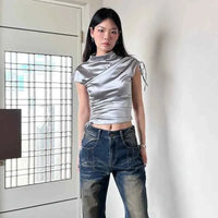 Women's Slim Fit Shirring T-Shirt Short Sleeve – Half Turtleneck Chic Streetwear Top