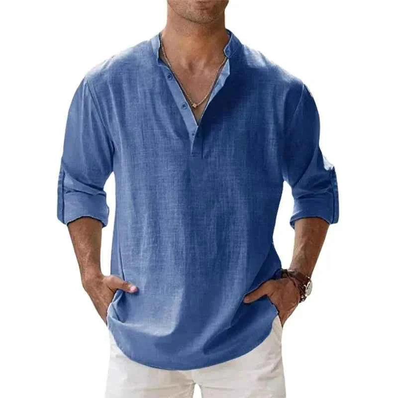 Men's Cotton Linen Henley Shirt – Lightweight Long Sleeve Beach Hawaiian Streetwear Top