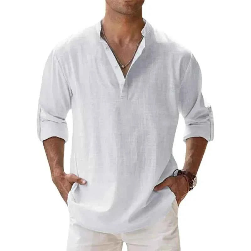 Men's Cotton Linen Henley Shirt – Lightweight Long Sleeve Beach Hawaiian Streetwear Top