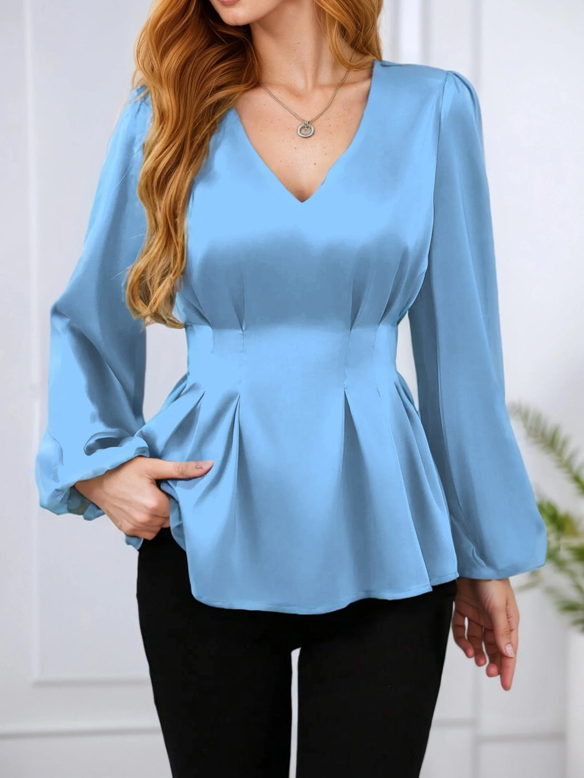 Women's Pleated Cinched Waist Shirt – Elegant Long Sleeve Slimming Top