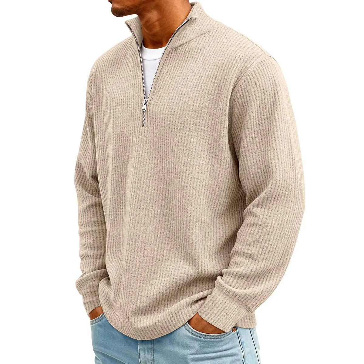 Men's Waffle Long Sleeve Polo T-Shirt – Casual Loose Fit Zipper Collar Sweatshirt