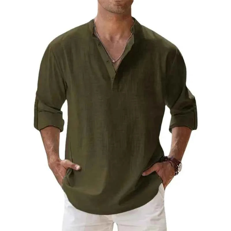 Men's Cotton Linen Henley Shirt – Lightweight Long Sleeve Beach Hawaiian Streetwear Top