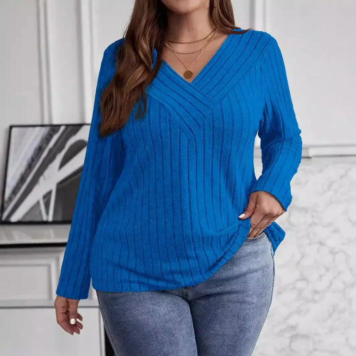 Women's Plus Size V-Neck Sweater – Solid Color Long Sleeve Pullover Top