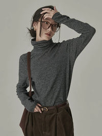 Women's Striped Long Sleeve Turtleneck T-Shirt – Cozy Elegant Korean Style Casual Spring T-Shirt