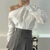 Women's Off Shoulder White Blouse – Elegant Long Sleeve Office Top