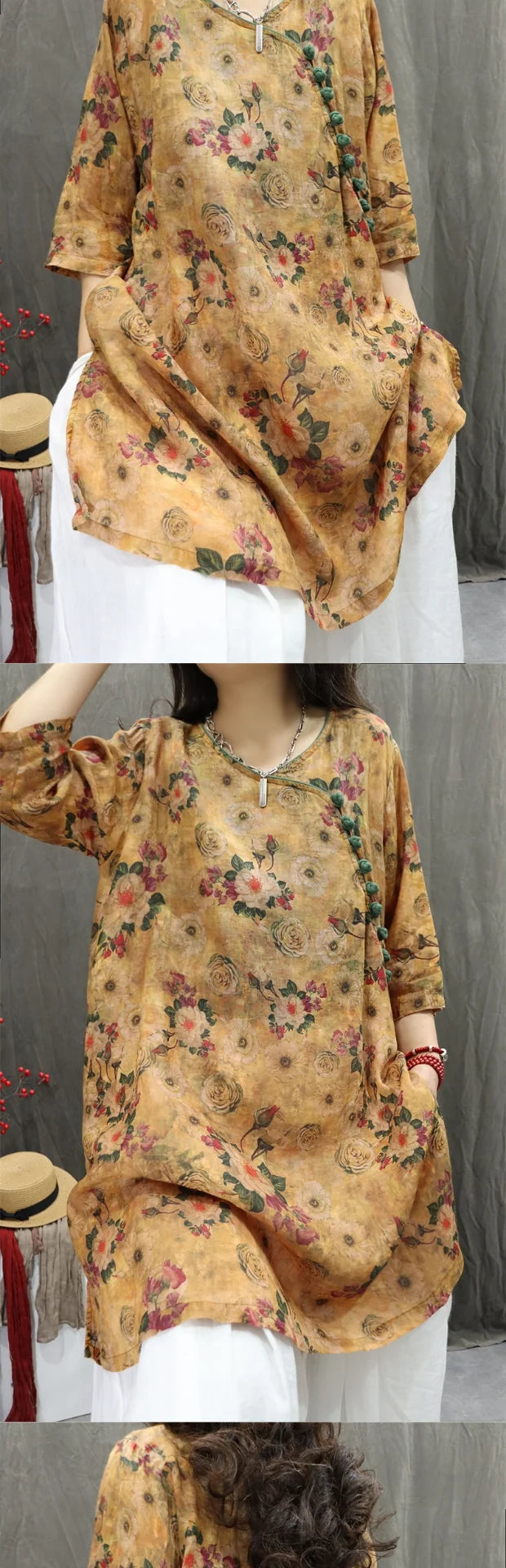Women's Artistic Retro Print Dress Shirt – Casual Loose Mid-Length V-Neck Top