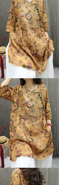 Women's Artistic Retro Print Dress Shirt – Casual Loose Mid-Length V-Neck Top