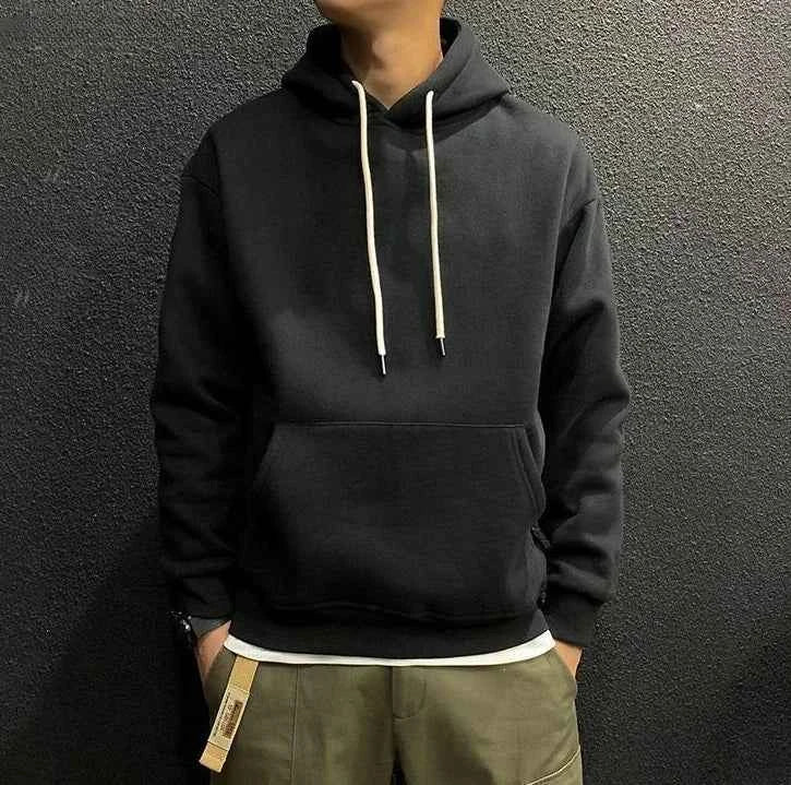 Men's Green Fleece Hooded Sweatshirt – Solid Color Casual Pullover Hoodie