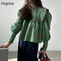 Women's Plaid Peter Pan Collar Blouse – Vintage Korean Chic Ruffle Shirt