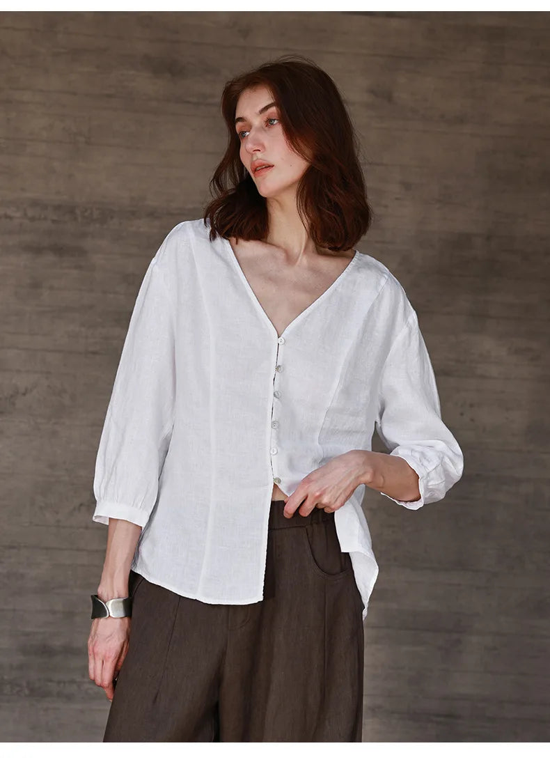 Women's Linen V-Neck Shirt – Premium White Retro Three-Quarter Sleeve Top