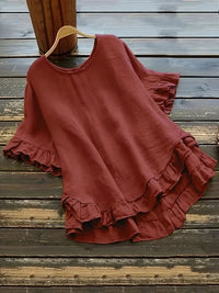 Women's Plus Size Ruffled Hem T-Shirt – Casual Short Sleeve Back Button Top