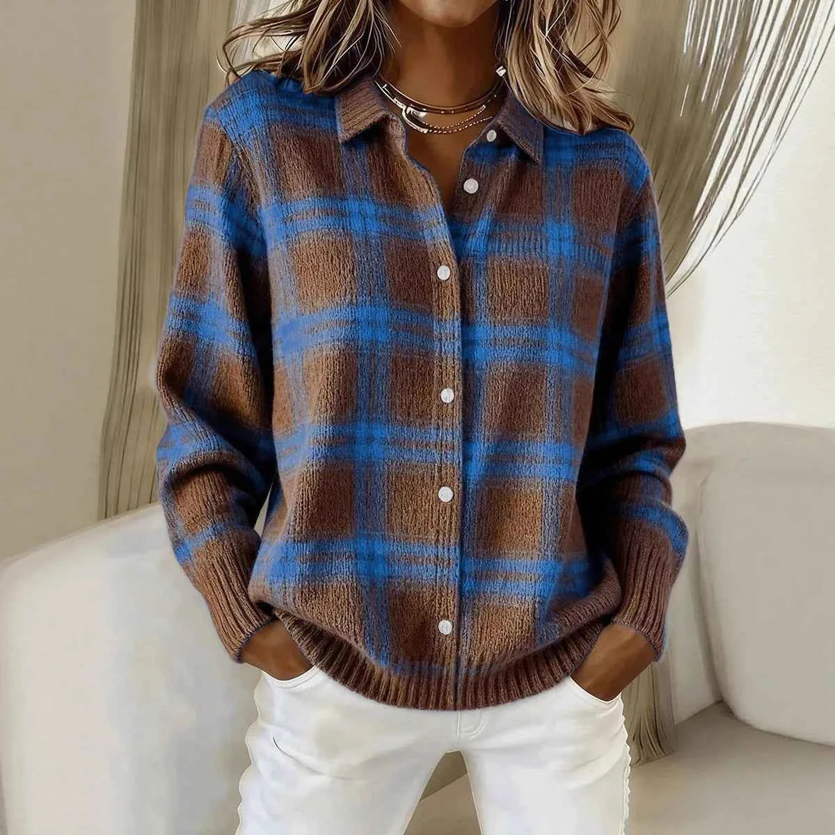 Women's Knitted Lapel Cardigan Top – Solid Color Sweater Shirt 2025