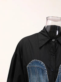 Women's Striped Denim Spliced Blouse – Elegant Lapel Long Sleeve Shirt 2026