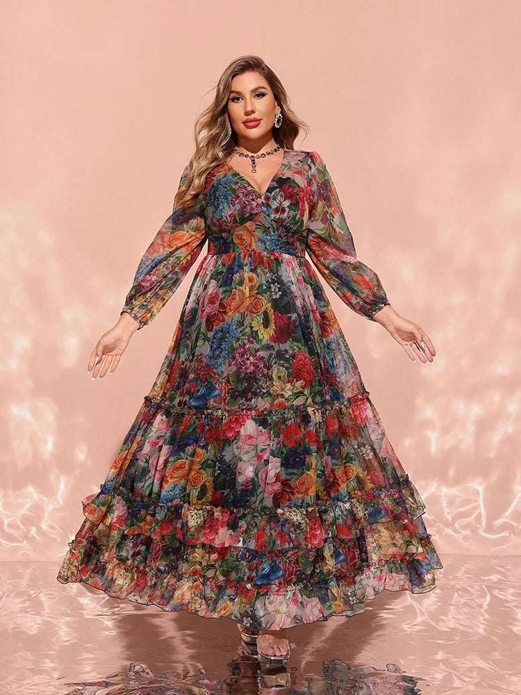Women's Plus Size Floral Maxi Dress – Elegant V-Neck Party Dress 2024