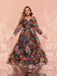 Women's Plus Size Floral Maxi Dress – Elegant V-Neck Party Dress 2024