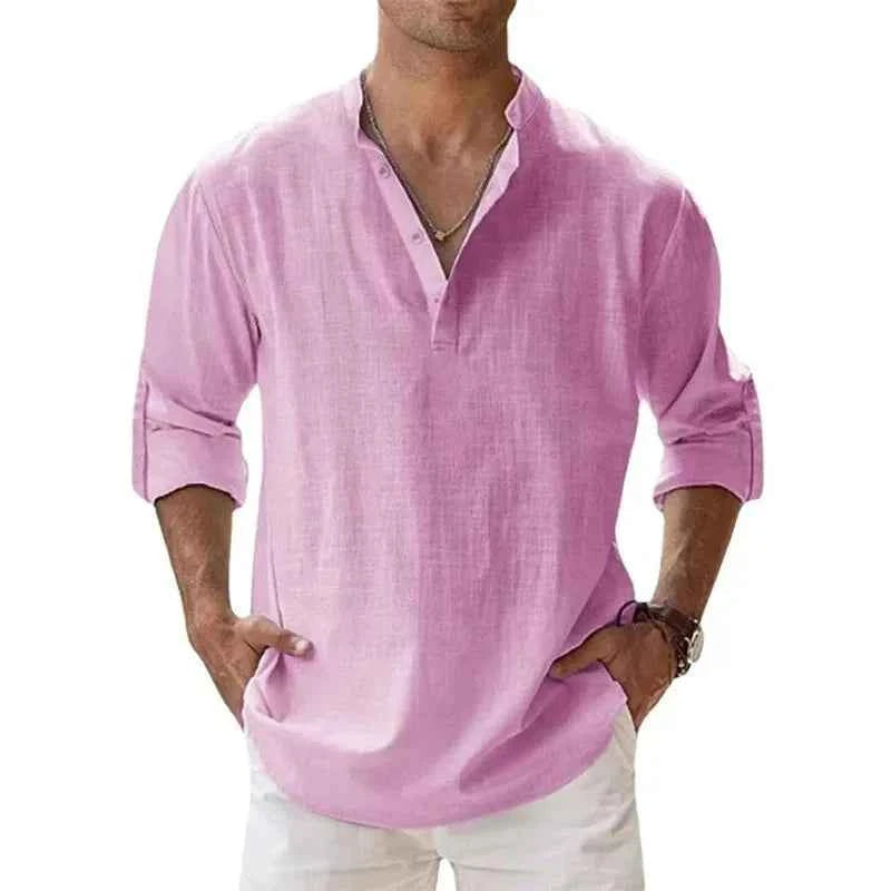 Men's Cotton Linen Henley Shirt – Lightweight Long Sleeve Beach Hawaiian Streetwear Top
