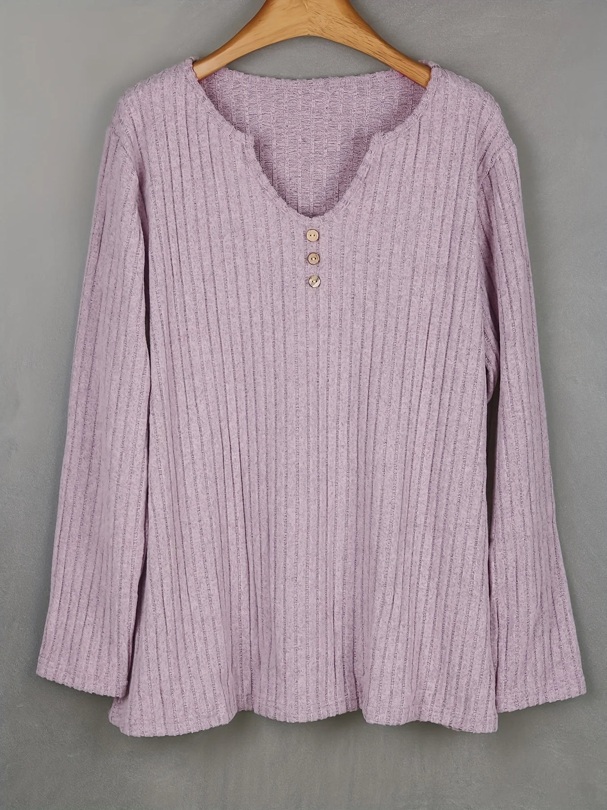 Women's Plus Size Ribbed V-Neck Top – Soft Long Sleeve Button Detail Shirt