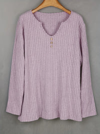 Women's Plus Size Ribbed V-Neck Top – Soft Long Sleeve Button Detail Shirt