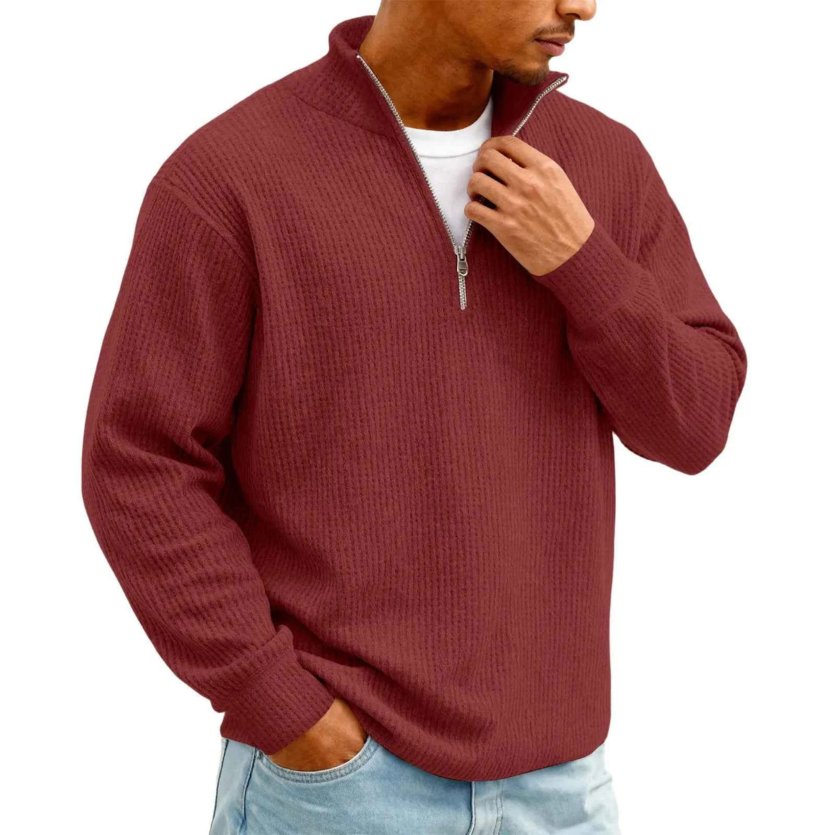 Men's Waffle Long Sleeve Polo T-Shirt – Casual Loose Fit Zipper Collar Sweatshirt