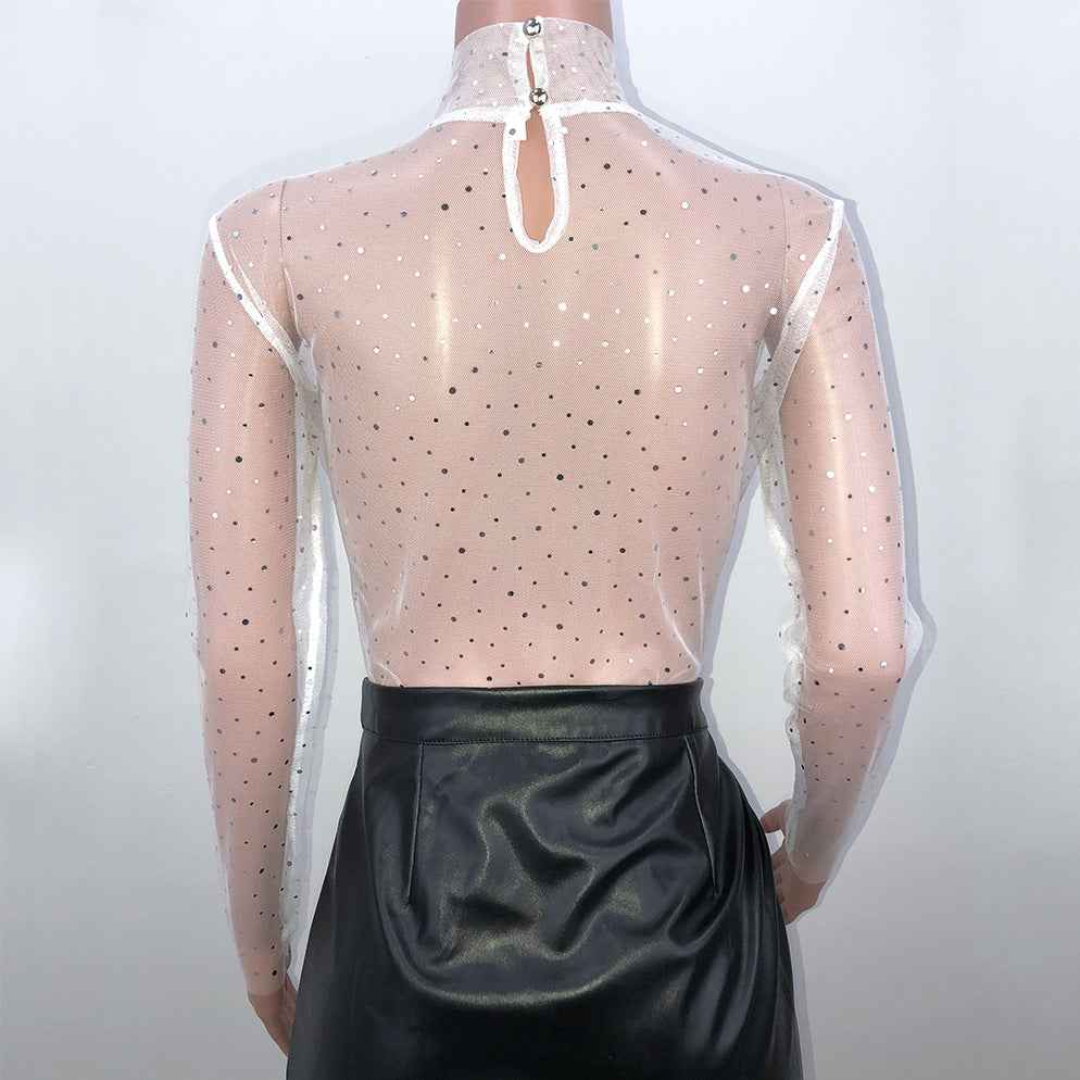 Women's Lace Mesh Sheer Crop Top – Rhinestone Turtleneck Long Sleeve Cover Up