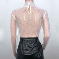 Women's Lace Mesh Sheer Crop Top – Rhinestone Turtleneck Long Sleeve Cover Up