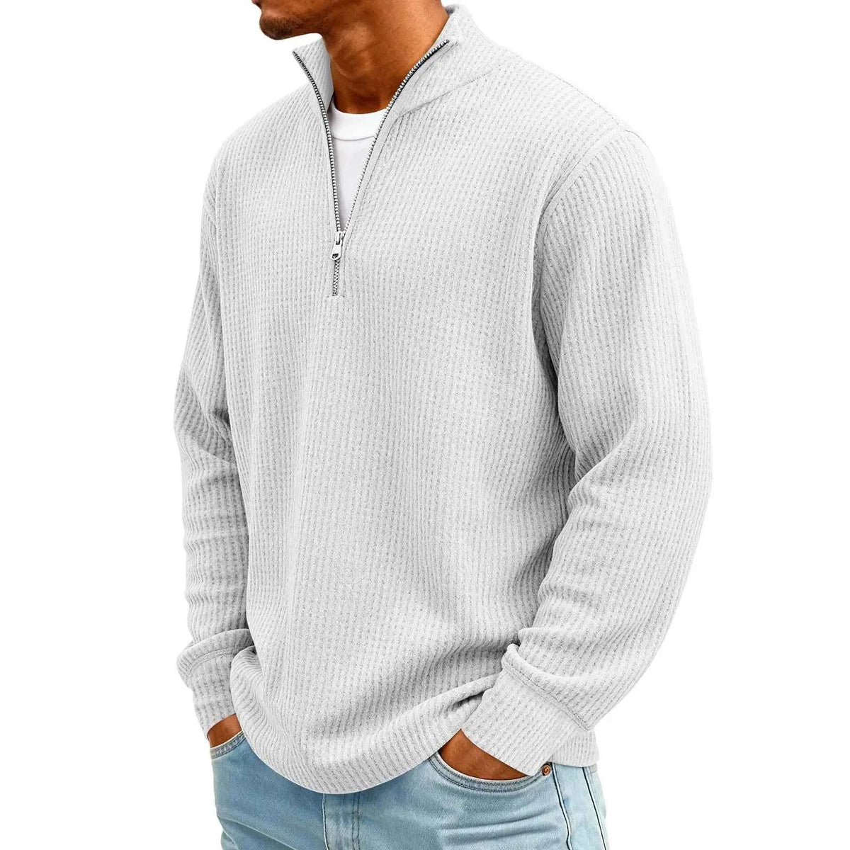 Men's Waffle Long Sleeve Polo T-Shirt – Casual Loose Fit Zipper Collar Sweatshirt