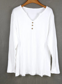 Women's Plus Size Ribbed V-Neck Top – Soft Long Sleeve Button Detail Shirt
