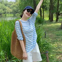 Women's Striped Loose Fit Summer T-Shirt – Trendy Korean Style Sun-Proof Summer Top