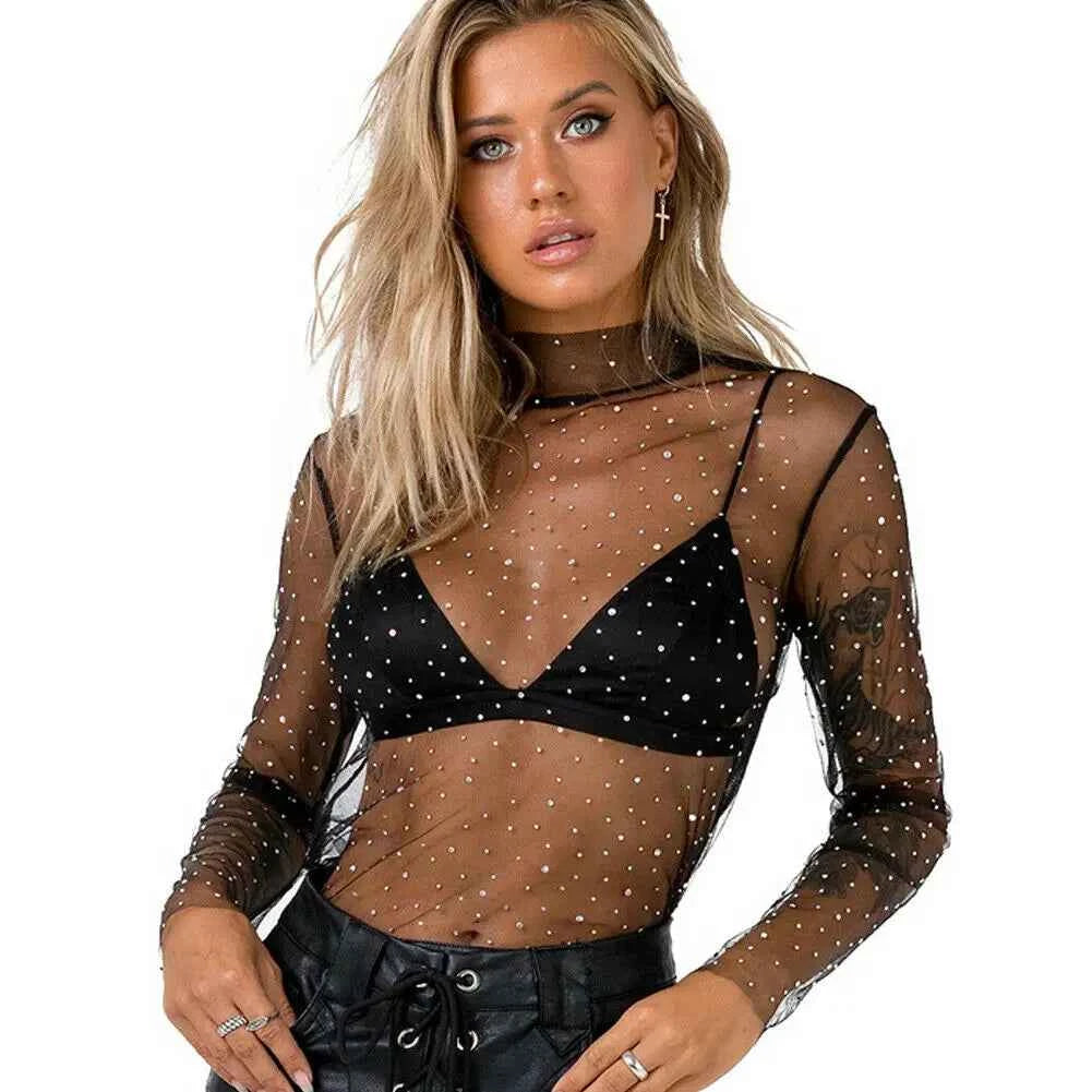 Women's Lace Mesh Sheer Crop Top – Rhinestone Turtleneck Long Sleeve Cover Up