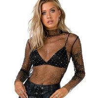 Women's Lace Mesh Sheer Crop Top – Rhinestone Turtleneck Long Sleeve Cover Up