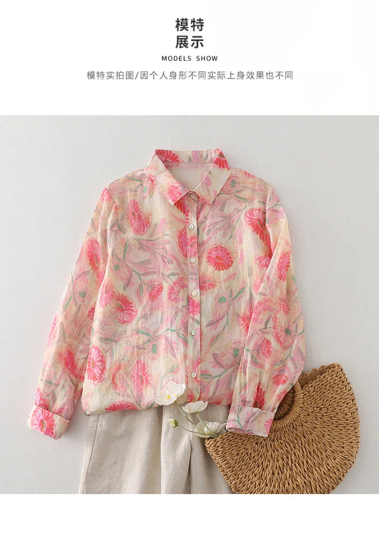 Women's Floral Cotton Linen Shirt – French Artistic Print Long Sleeve Blouse