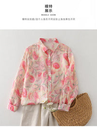 Women's Floral Cotton Linen Shirt – French Artistic Print Long Sleeve Blouse
