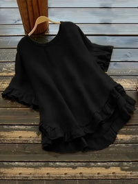 Women's Plus Size Ruffled Hem T-Shirt – Casual Short Sleeve Back Button Top