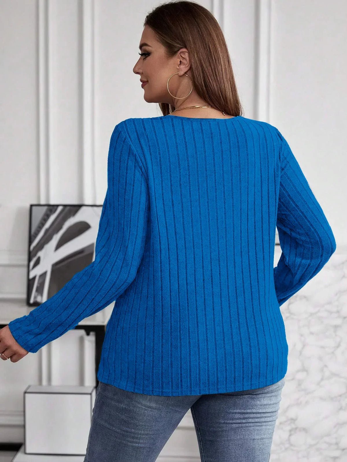 Women's Plus Size V-Neck Sweater – Solid Color Long Sleeve Pullover Top