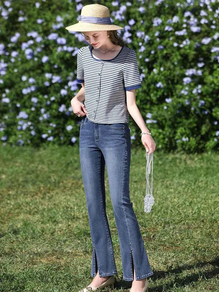 I BELIEVE YOU Women's Striped Slim Knit Top – Casual Retro Summer Round Neck Tee