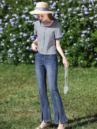 I BELIEVE YOU Women's Striped Slim Knit Top – Casual Retro Summer Round Neck Tee