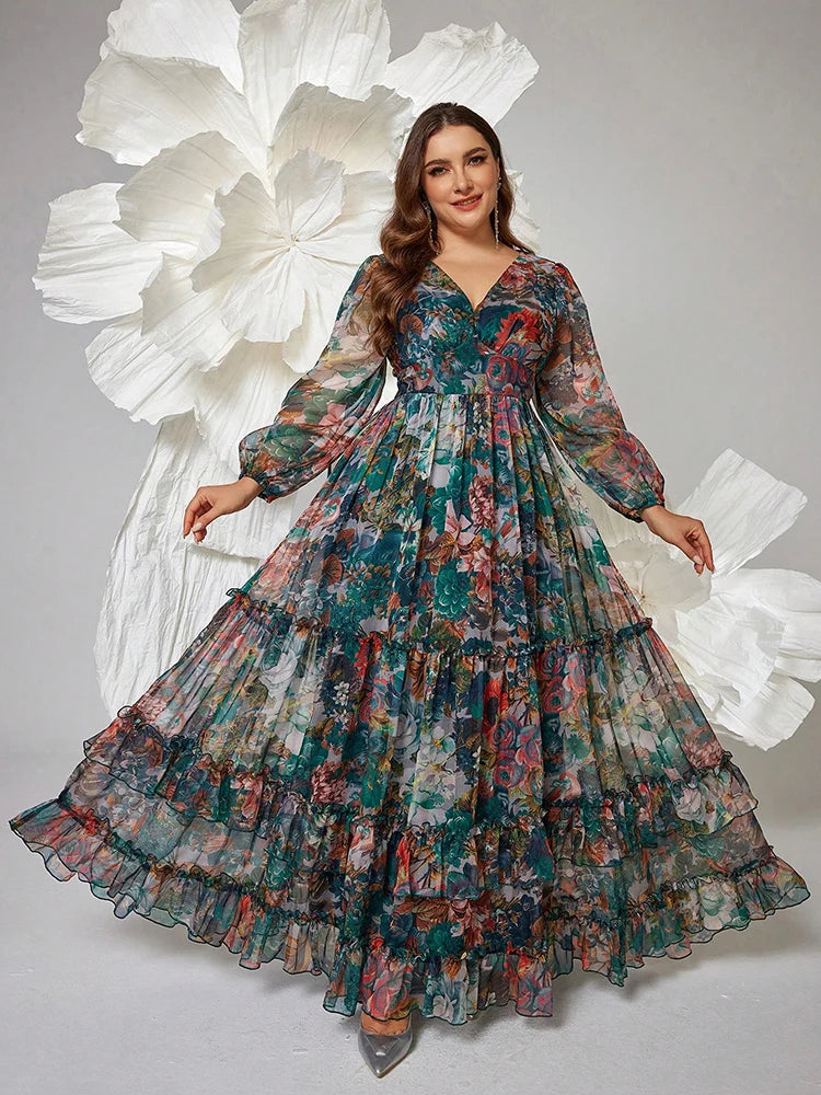 Women's Plus Size Floral Maxi Dress – Elegant V-Neck Party Dress 2024