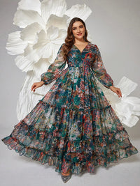 Women's Plus Size Floral Maxi Dress – Elegant V-Neck Party Dress 2024