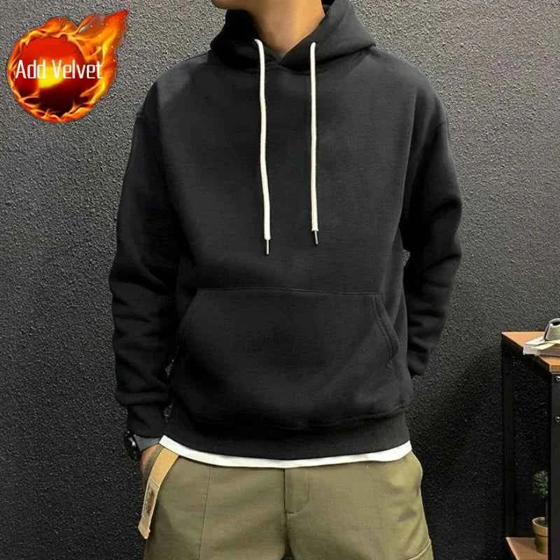 Men's Green Fleece Hooded Sweatshirt – Solid Color Casual Pullover Hoodie