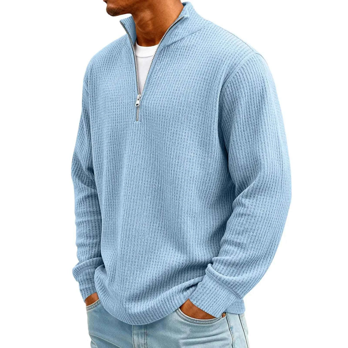 Men's Waffle Long Sleeve Polo T-Shirt – Casual Loose Fit Zipper Collar Sweatshirt